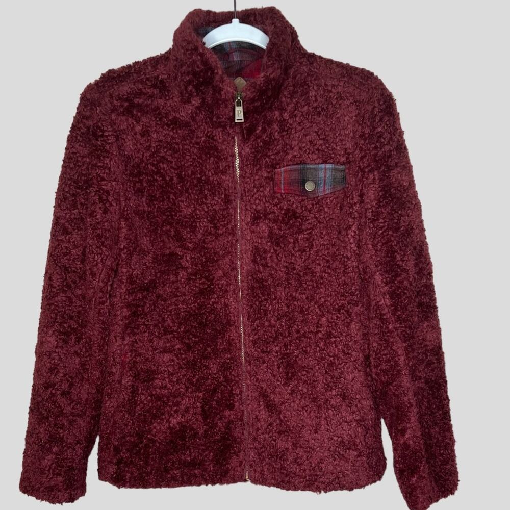Pendleton Womens Sherpa Jacket Size S Deep Red Mixed Media Flannel Plaid Trim
